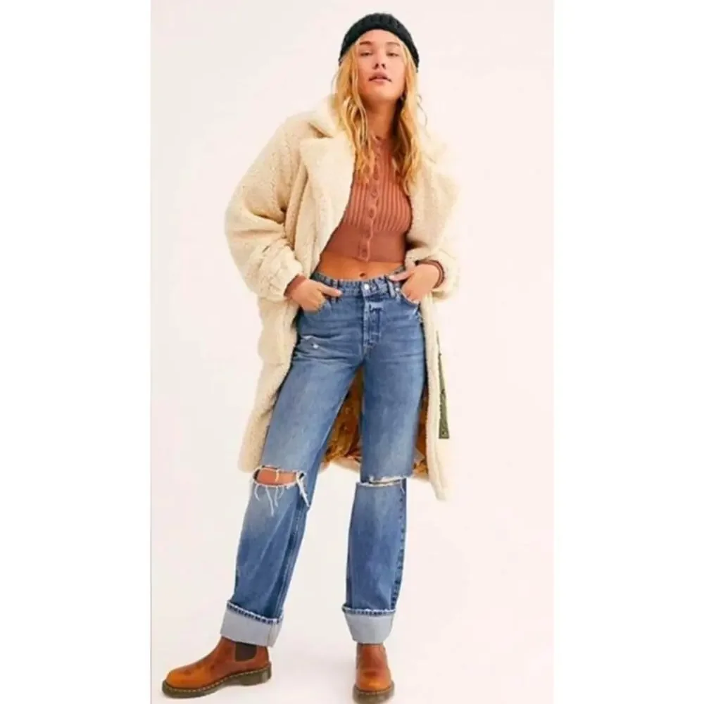 Free People Womens Tessa Oatmeal Teddy Sherpa Oversized Ivory Coat Size Small